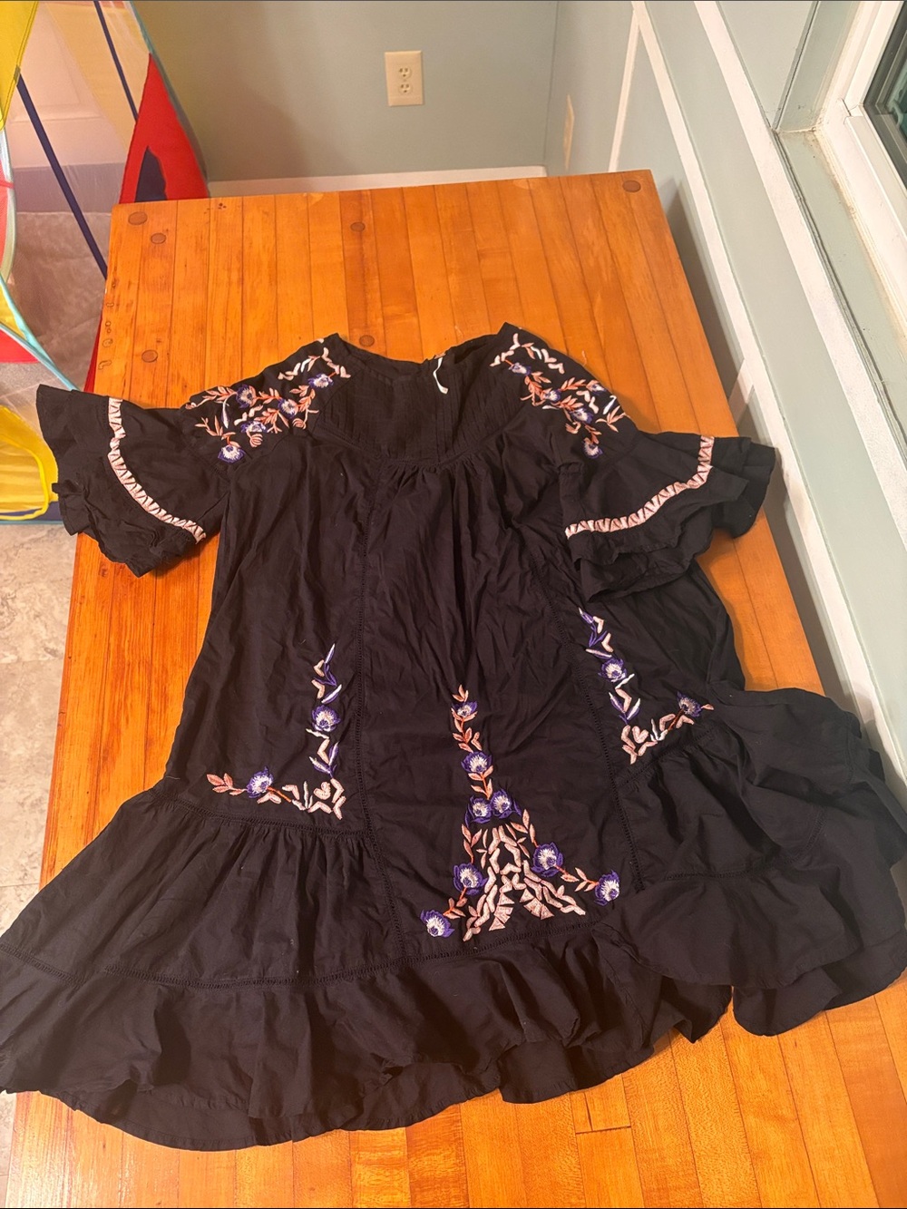 Free People Black Mini Dress with Purple & Blush Embroidery